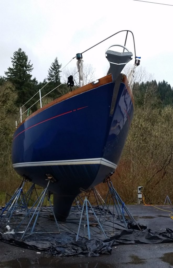 Fuji 40 sailboat on the hard for a major refit in preparation for sailing