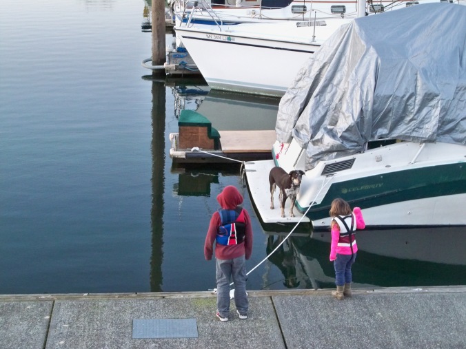 We've made so many close friends here at our marina in Portland. Here, the kids greet our buddy Sagan, boat dog extraordinaire.