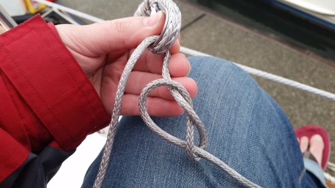 Double figure 8 knot attaching lashing line to Dyneema lifeline
