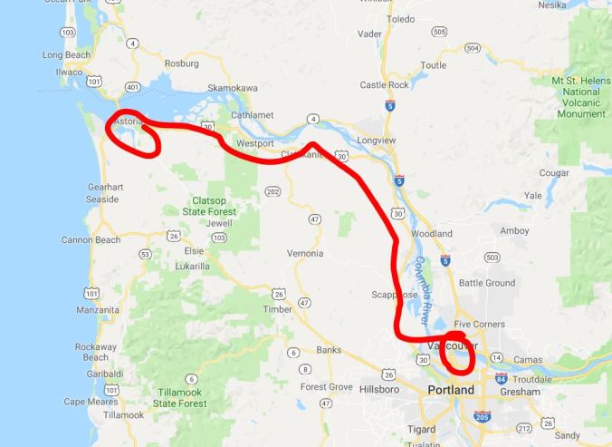 Leg 1- Planned route from Portland to Astoria aboard our 40-foot sailboat as we move from Portland to the Puget Sound