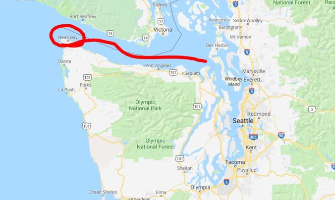 Map of our route and passage north from Portland to the Puget Sound. Leg 3- Neah Bay to Destination Unknown.